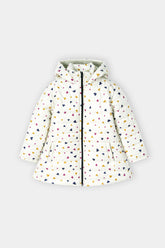 Girls’ Winter Puffer Jacket – White Quilted jacket with Multicolor Heart Print